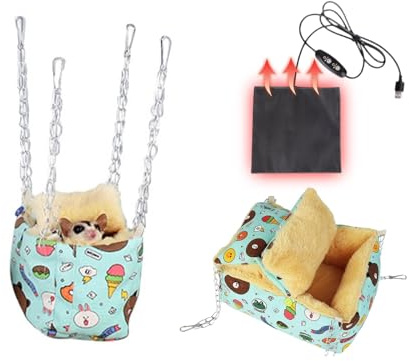 MANON ROSA Hamster Hideout Winter Bed - Cozy Pet Cage Accessory Heating Pad & Hanging Hammock Small Animals Syrian Sugar Gliders Chinchillas Squirrels Guinea Pigs Rats Rectangular Blue XL
