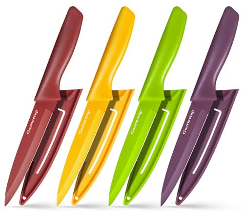 Gourmetop Set di 4pcs Coltelli da Sbucciatura con Copertura, Coltelli da Frutta in Acciaio Inossidabile 11,4 cm, Set di Coltelli da Cucina Piccoli con Manici Ergonomici per Frutta e Verdura