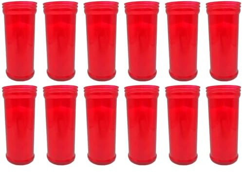 Tradineur - Pack de 12 velones litúrgicos, Velas de Santo de parafina y Cera Vegetal, decoración de Iglesias, cementerios, tumbas (Rojo, 16 cm)