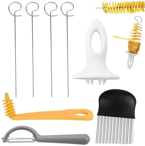PUERFOCA Set di 8 tagliapatate a spirale, in acciaio inox, riutilizzabili, con pelapatate e affettatrice ondulata, per feste, barbecue e campeggio