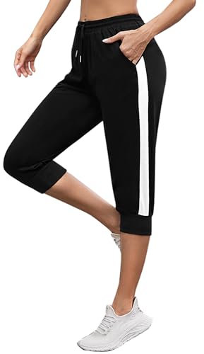 Jezonga Jogginghose Damen 3/4 Sporthose Baumwolle Trainingshose Sweathose Bündchen High Waist Sweathose Streifen Freizeit Capri Hose