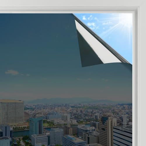 rabbitgoo Spiegelfolie Fenster Sichtschutz, Einseitig Fensterfolie Blickdicht von außen Schwarzsilber 90x200cm, von innen durchsichtig Selbstklebend Sonnenschutzfolie UV Schutzfolie Sichtschutzfolie