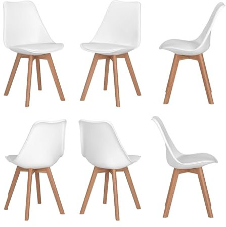 sinlikon Sillas de Comedor Pack Silla Escandinava Ergonómica,pies de Madera Maciza y cojín de Espuma Suave (Blanco-Pack 6)
