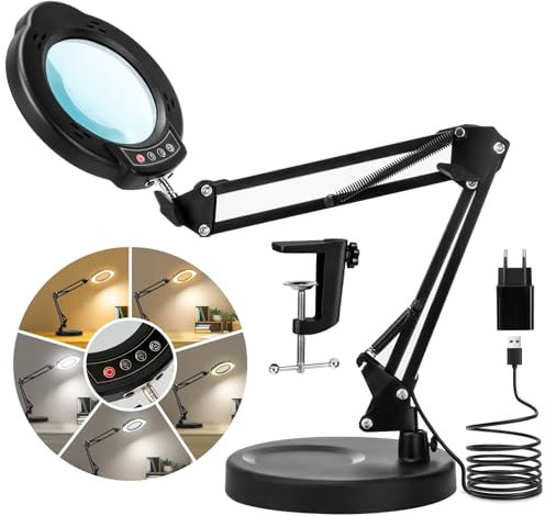 Lampada con lente di ingrandimento a LED, 10 x lente d'ingrandimento con luce, 5 modalità di colore, dimmerabile, lente d'ingrandimento illuminata a LED con luce e morsetto, mani libere per