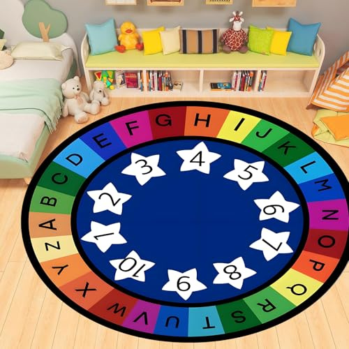 YHUERC Blue Machine Washable Round Number Carpet,90cm Non-Slip ABC Learning Rugs,Baby Play Mat,Soft Children's Letter Carpet,Alphabet Cartoon Area Rug,for all Indoor Areas