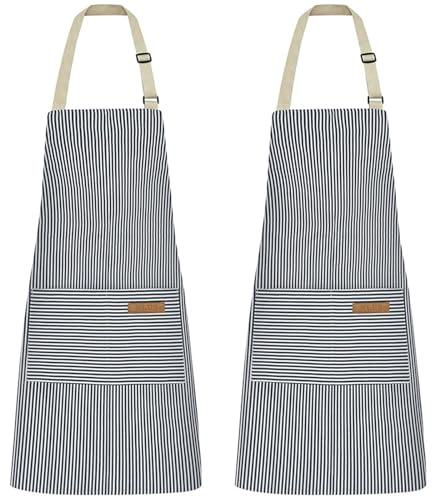 Hwtcjx 2 Pezzi Grembiule da Cucina Chef, Grembiule da Ristorante BBQ Bar, Regolabile Grembiuli con Tasche Chef di Cucina, Anti-fouling Gembiule Cucina Uomo Donna (Pinstripe Blu)