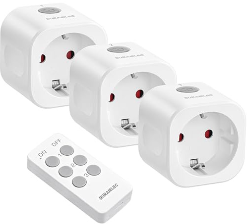 SURAIELEC Prise télécommandée avec télécommande, 16 A/3680 W, kit de prises sans fil pour l'intérieur, portée de 30 m, économie d'énergie, certifié CE & RoHS, 3 prises avec 1 télécommande