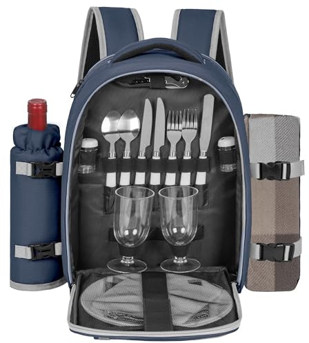 FREEAMG Picnic Backpack for 2 Person with 2 Insulated Leakproof Cooler Compartments, Large Picnic Bag with Cutlery Sets and Blanket, Picnic Basket Backpack for Camping, Hiking, BBQs (Navy Blue)
