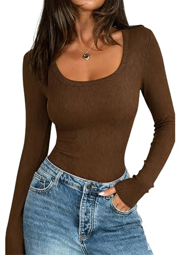 Zeagoo Maglietta Donna Manica Lunga Casual Top Girocollo Tinta Unita T-Shirt Slim Fit Costine Base Tee Tops