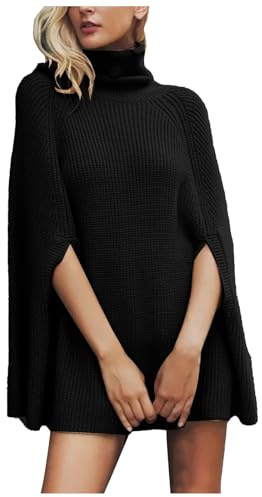 Generisch Damen Rollkragen Poncho Strickpullover mit Fledermausärmeln Seitenschlitzen (Black, XL)