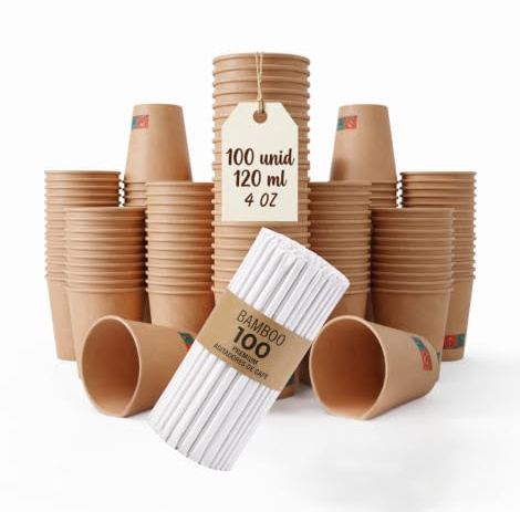 GASTROTOMI Vasos Cafe de 120 ml – 100 Unidades y 100 Paletinas Cafe Desechables de Madera con Funda, Vasos Desechables para Espresso, Degustaciones y Oficina – Vasos Carton Kraft – Pack Completo