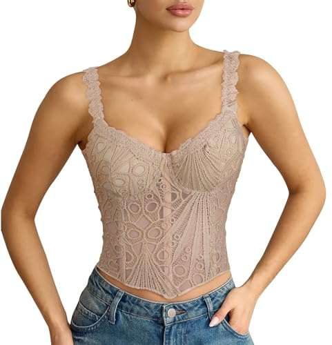 LEACOOLKEY Corsetto da Donna in Pizzo Bustier Sexy Trasparente a Fiori Top Corto Elegante in Rete con Lacci Corpetto Top Modellante per Uscite, Appuntamenti, Feste e Festival Musicali, Beige