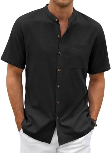 Lonya Camisa Lino Hombre Camisa de Manga Corta Verano Casual Regular Henley Algodón Camisas con Botones Bolsillo de Playa Vacaciones, Negro, M
