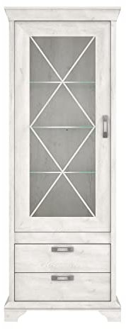 Forte Kashmir Vitrine mit 1 Glastür und 2 Schubladen und Beleuchtung, Holzwerkstoff, Pinie Weiß, B x H x T: 78 x 210,3 x 48,2 cm