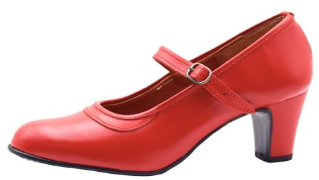 PASARELA - Zapatos de Baile Flamenco de Piel con Hebilla y Clavos Rojo Mujer Cuero Mujer Color: Rojo Talla: 40