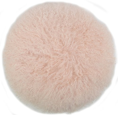 SNUGRUGS Round Mongolian Long Curly Wool Sheepskin Cushion & Cushion Inner, Light Pink, Round 40cm