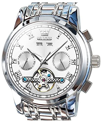 OLEVS Self Winding Watches for Men Automatic Mechanical Tourbillon Stainless Steel Waterproof Luminous Luxury Dress Wrist Watches (Silver)