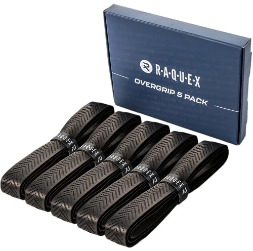 Raquex Racket Ridged Overgrip Tape - 5 Pack Black Racquet Over Grip Tape - Anti Slip Overgrip for Tennis Racket, Badminton, or Squash – Recyclable cardboard outer packaging