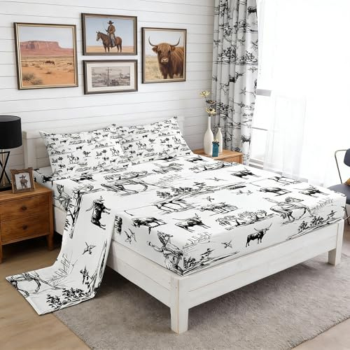 Western Sheet Set King Size Sketch Cowboy Cow and Horse Bedding Set 4Pcs Farm Animal Bed Sheet for Kids Boys Girls Adult Room Decor Black White Rustic Farmhouse Fitted + Flat Sheet,2 Pillowcase