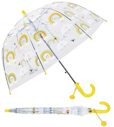 Regenschirm Kinderschirm Stockschirm, Windsicher Robustheit Regen Regenschirm Transparent, Kinderregenschirm Durchsichtig Junge Mädchen, Kuppel-Blasenschirm Durchmesser=70cm Regenbogen Wolken