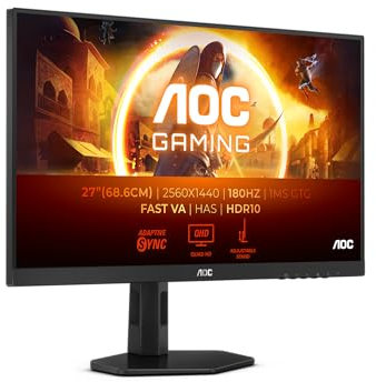 AOC Gaming Q27G4XND - 27 inch QHD monitor, 180 Hz, 0.5ms, FreeSync. Prem, Height Adjustable stand, HDR10 (2560x1440, HDMI 2.0, DisplyPort 1.4)