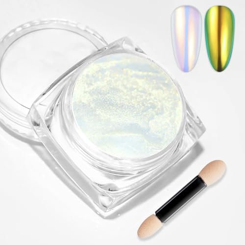 White Chrome Nail Powder BISHENGYF - 1g Super Nail Glitter Chrome Powder for Gel Nail, Yellow Aurora Mermaid Pearl Nail Chrome Powder Metal Mirror Glaze Donut Chrome Nail for Polish DIY Nail Art Decor