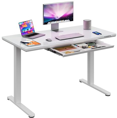 DEVAISE Standing Desk with Drawers, Whole-Piece Glass Adjustable Height Desk, 55 Inch Electric Stand Up Desk, Quick Install, White