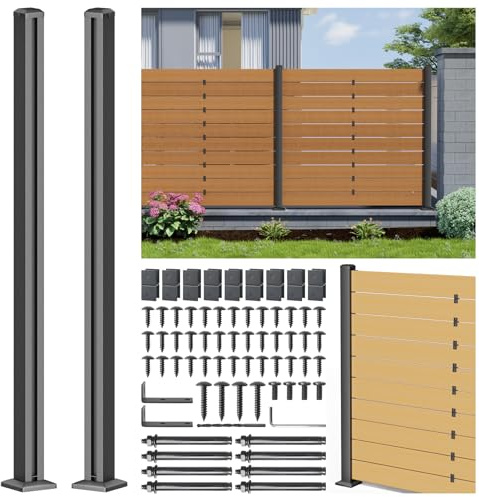 Prinfort 5FT 201 Stainless Steel Heavy Duty Fence Post for Wood Slats(End Post), Outdoor Ground Install Wooden Privacy Fence Panels Posts Matte Black 2Pack
