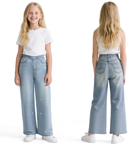 Baogaier Jeans Filles Baggy Pantalon Jambes Larges avec Poches 6-14 Ans | Taille Élastique, Loose Fit, Long Denim Jeans, avec Poches, Décontracté, Denims Mode, Casual école, Polyvalent, Ado Pantalons