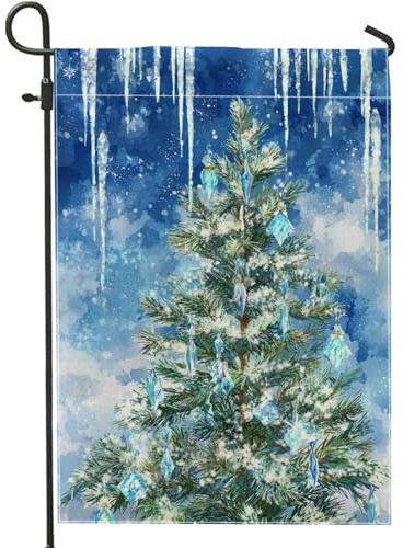 Bandiera da giardino invernale del paese delle meraviglie, albero di Natale blu con ghiaccioli, decorazione per esterni, striscione in iuta su entrambi i lati per decorazione del prato per le vacanze