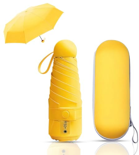 Coztie Kompakter Regenschirm, 6 Rippen Taschenschirm mit Kapsel Fall, Mini Reise Regenschirm Falten Reise für Männer Und Frauen (Gelb)