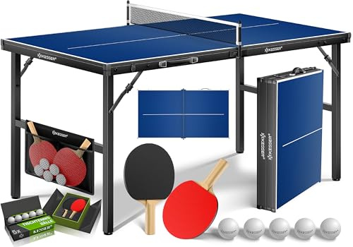 KESSER® Mini table de ping-pong avec raquettes de ping-pong, balles de tennis de table et filet TT | Intérieur | Voyage, plaque laminée + pliable - Design de valise, enfants et adultes - 153 x 76,5 cm
