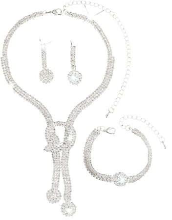 XFSRG Juegos de Joyas Mujer Glamour Brillante Colgante Collar Pendientes y Pulsera para La Novia Conjunto de Bisutería Mujeres Fiesta (Plata)