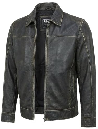 Mens Leather Jacket - Real Lambskin Classic Vintage Style Leather Jackets For Men Brown Leather Jacket for Mens (US, Alpha, Medium, Regular, Regular, Noir Distressed Black)