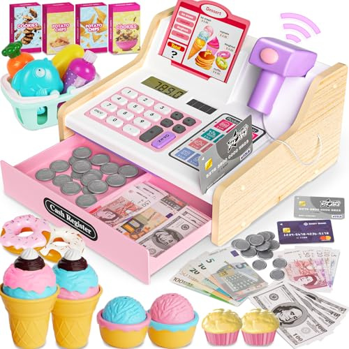 Registratore di cassa in legno per bambini con scanner e suono, per bambini da 3 a 5 anni, giocattolo con scanner, soldi di gioco, monete, carta di credito, cestino della spesa, accessori, idea regalo