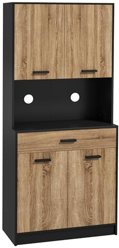 HOMCOM Credenza Cucina 180 cm Mobile da Cucina con Ante Soft Close, Dispensa con Piano Portamicroonde e Foro Passacavi, Cassetto, Ripiani Regolabili, Nero e Color Legno