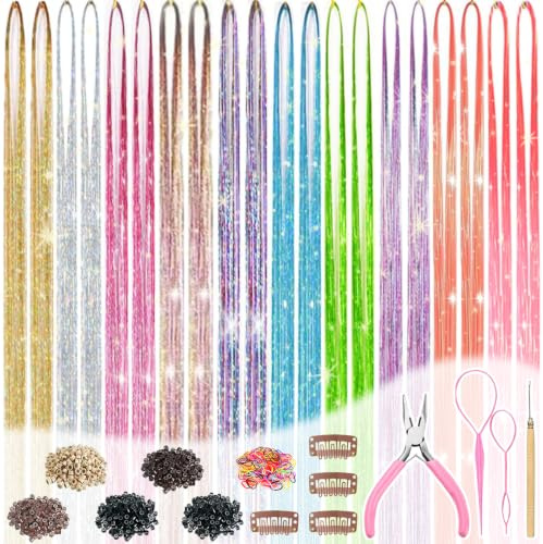 Hair Tinsel, Fairy Hair Tinsel Kit for Girls Women 48 Inch 8200 Strands with Tools Hair Accessories Glitter Tinsel Hair Extensions for Party Festival Christmasl (Double Glitter 01)