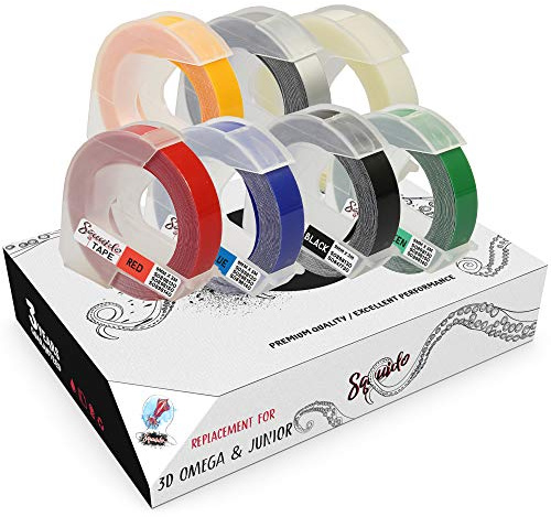 Squuido 7 vit på röd/blå/svart/grön/gul/transparent/silver präglingstejp 9 mm x 3 m kompatibel med Dymo Omega & Junior