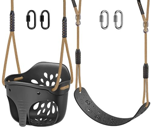 SELEWARE Toddler Swing Set Accessories, High Back Full Bucket Swing Seats with Adjustable Rope and 4 Locking Carabiners, Cute Elephant Shape Design 600LB Capacity (2 Pack)