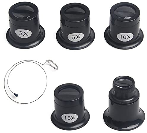 Kettion Uhrmacherlupe,5 Stück Augen Lupe Glas Okular,3X/ 5x/10x/15x/20x Schmuck Augen Lupe für Juwelier Uhr Hobby Münzen Uhrmacher Elektriker Nähen (Schwarz) ﻿