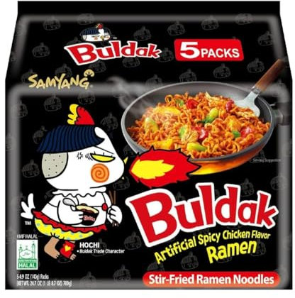 CNMART Korean SY Black Dried Hot Chicken Noodle Buldak Ramen Bag Noodles, 140g (Pack of 5)