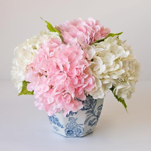 RUZUQE 4 Pcs Hydrangea Artificial Flower 2 White + 2 Pink 21'' Long Stem Lifelike Real Touch Hydrangea Latex for Home Decoration Bridal Bouquet Wedding Decor