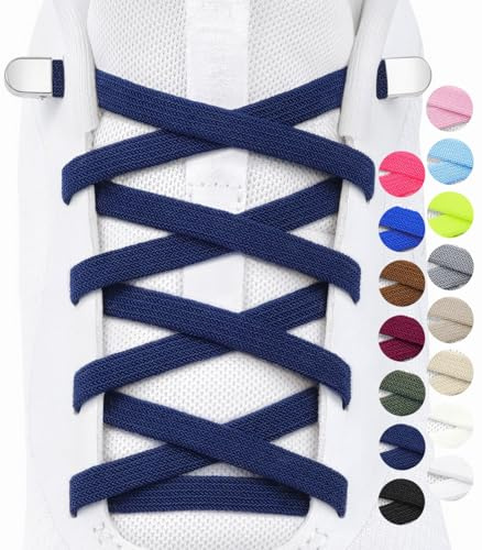 Stepace 2 Paires de Lacets Élastiques Plats sans Noeud, 6mm Lacet Autobloquant avec Boucle Métal pour Enfants, Adultes, Sneakers et Chaussures de Basket Bleu Marine 120