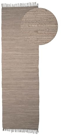 carpetfine Flickenteppich Kelim Chindi Uni Läufer Taupe 70x200 cm, handgewebt | Fleckerlteppich aus Baumwolle für Wohnzimmermit Fransen