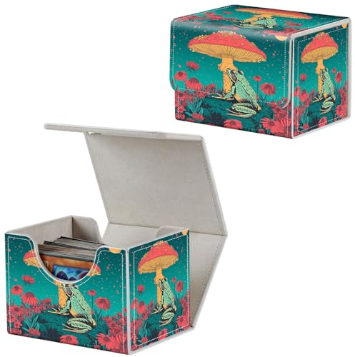Qindaiwen Card Deck Box for MTG, Fits 100+ Single Sleeved Cards, PU Leather Trading Card Storage Box for TCG, CCG, MTG Cards, Strong Magnet Magic Gathering Deck Box, Frog on a Mushroom