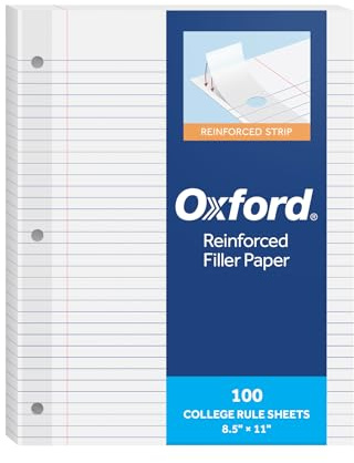 Oxford Reinforced Filler Paper, 8.5 x 11 Inch, College Rule, 3 Hole Punched, Lined Loose Leaf Paper for Ring Binders, 100 Sheets, White (1002097)