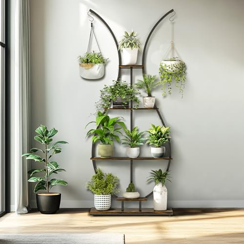 unho Support de Plantes d’intérieur Designe: 74x30x181cm Étagère Plante en Métal Porte Fleur pour Salon Balcon Présentation avec Dispositif Anti-Renversement - Brun Rustique et Noir