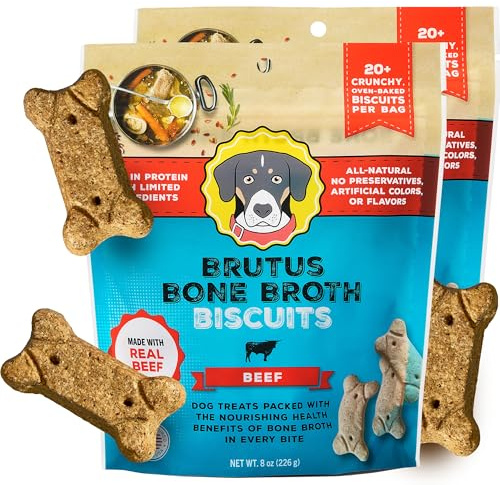 Brutus Bone Broth Biscuits for Dogs - Protein-Rich Dog Treats with Bone Broth and Real Beef - All Natural and Tasty - 8oz, Pack of 2, Beef Flavor