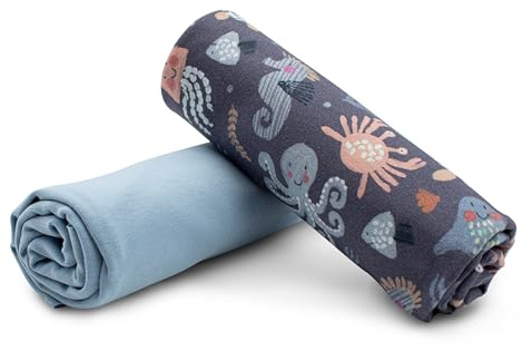 VmG-Store Jerseystoff Set farblich abgestimmt Design + Uni je 0,5mx1,5m 95% Baumwollstoff 5% Elasthan Tex Standard 100 (Ocean Animals + Blauer Schatten Set44)