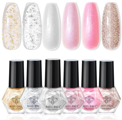 MODELONES Esmalte de uñas con purpurina, 6 colores de secado rápido, color rosa, plata, oro, transparente, brillo de verano, juego de esmalte de uñas de gel de larga duración para manualidades, regalo